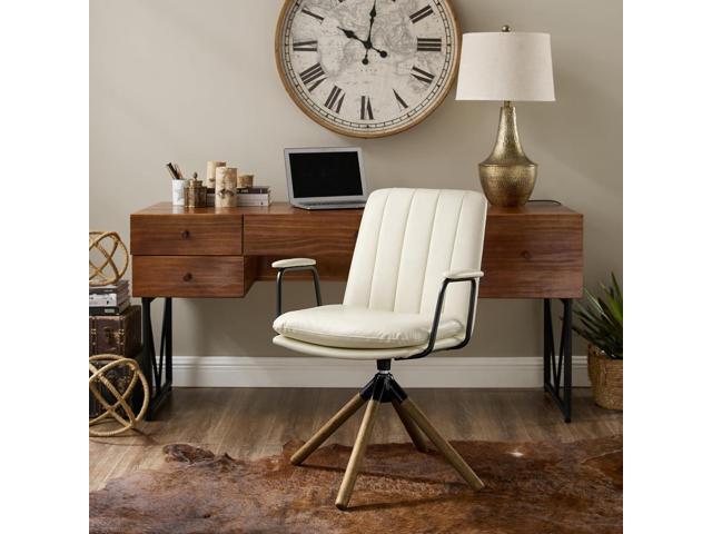 Art Leon Mid Century Swivel Accent Chair No Wheels, Faux Leather, White