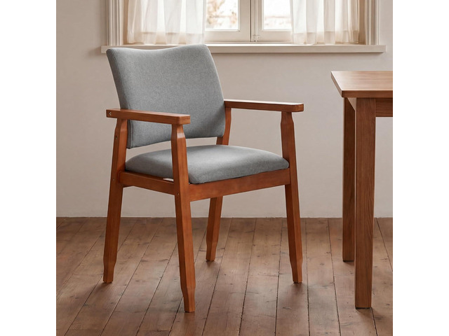 Mid Century Modern Walnut Dining Chairs Wood Arm Grey Fabric Kitchen Cafe Living Room Decor Furniture