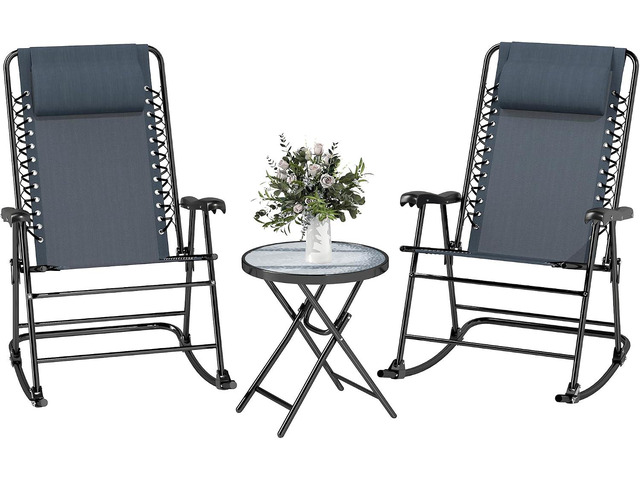 Outsunny 3 Piece Outdoor Rocking Bistro Set, Patio Folding Chair Table Set with Glass Coffee Table for Yard, Patio, Deck, Backyard, Grey