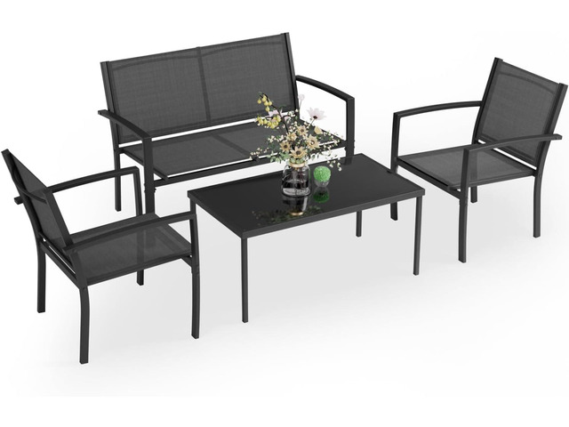 Greesum 4 Pieces Patio Furniture Set, Outdoor Conversation Sets for Patio, Lawn, Garden, Poolside with A Glass Coffee Table, Black