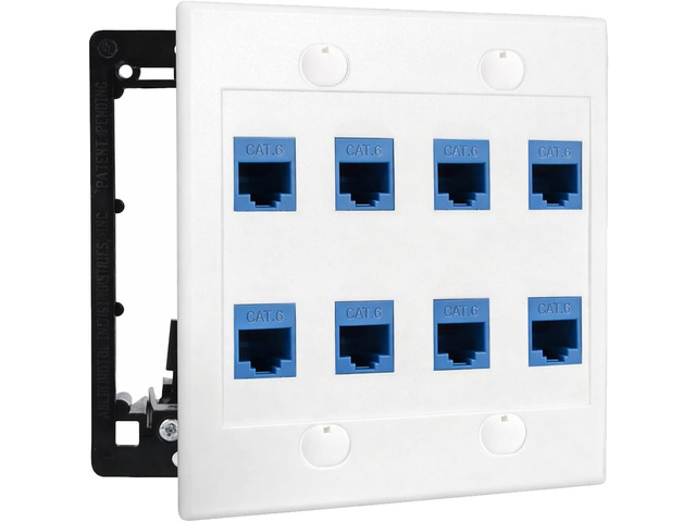DIYTECH 8 Port Ethernet Wall Plate, Cat 6, Double Gang, RJ45 Female to Female Keystone Jacks - White