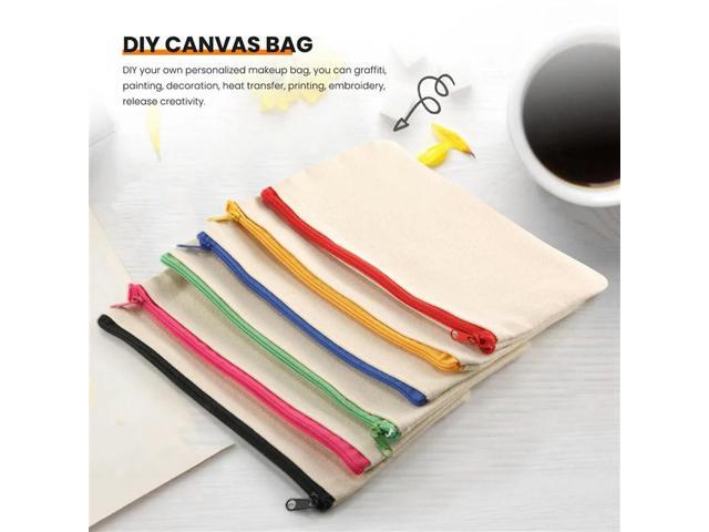 12 Pack Blank Canvas Makeup Bag,Bulk Cosmetic Bags With Multi-Color Zipper,Canvas Zipper Pencil Case Pouch,DIY Craft