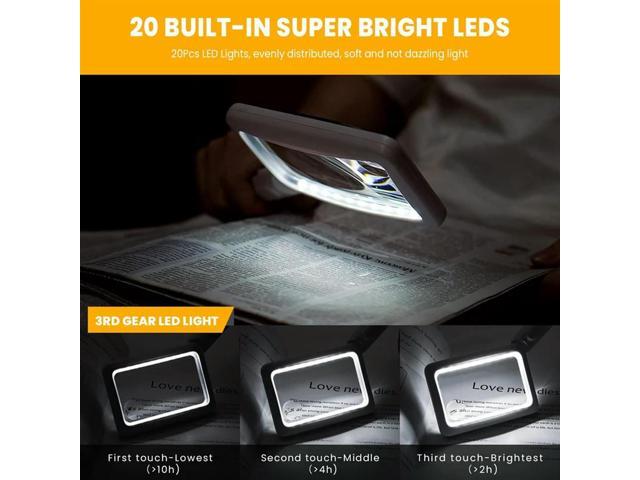 4X Rechargeable Magnifying Glass With Light 20Leds, Handheld Rectangular Page Lighted Magnifier, 3 Brightness Modes
