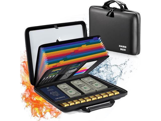 Fireproof Document Box File Organizer: Hard-Shell Case Fireproof Waterproof Box with Lock & 13 Pocket Accordion File Folder - Portable Home Office...