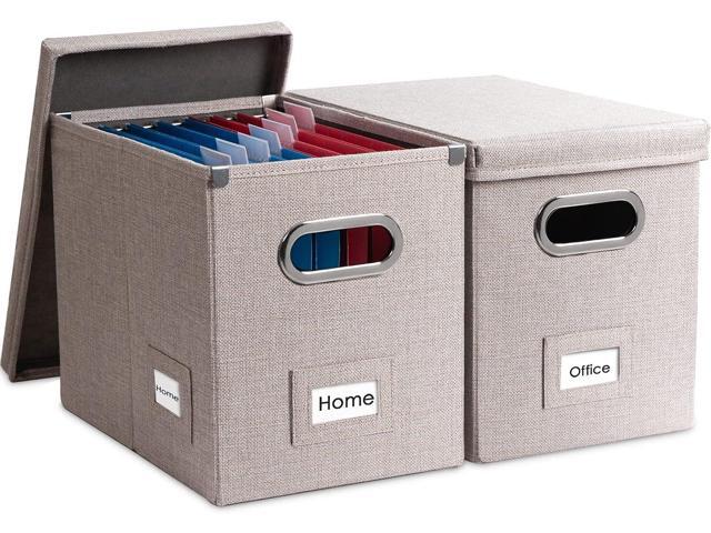 PRANDOM File Organizer Box - Set of 2 Collapsible Decorative Linen Filing Storage Hanging File Folders with Lids Office Cabinet Letter Size Light.