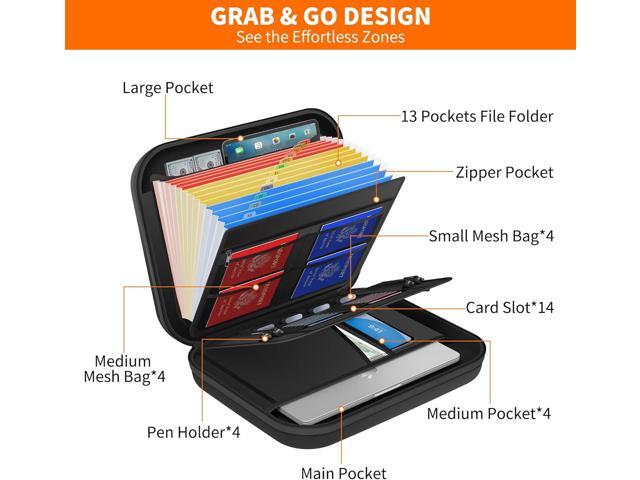 JUNDUN Fireproof Document Box with Lock & Shoulder Strap,Hard Shell Case Document Organizer with 13 Pockets Accordion File Organizer,Portable Home...