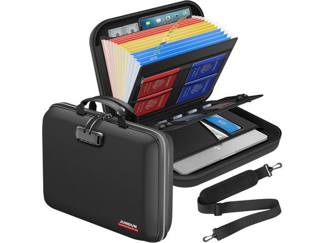 JUNDUN Fireproof Document Box with Lock & Shoulder Strap,Hard Shell Case Document Organizer with 13 Pockets Accordion File Organizer,Portable Home...