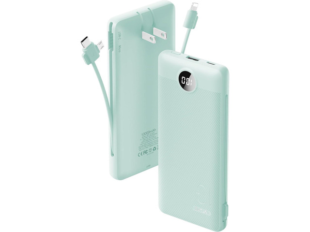 VRURC Portable Charger Built-in Cables and AC Wall Plug, USB C Power Bank 10000mAh, Travel Battery Portable Phone Charger Compact Lightweight...
