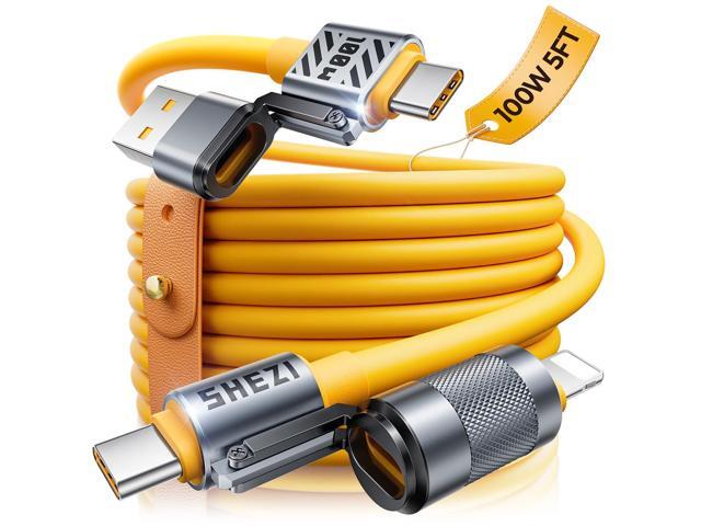2025 Silicone 4-in-1 USB C Cable 100W Compatible with Lightning Cable Fast Charging & Data Transfer, Support to CarPlay & Android Auto, 5FT Multi.