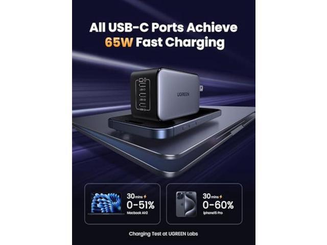 UGREEN Nexode 65W GaN USB C Wall Charger, 3-Port Type-C Fast Power Adapter Compatible with iPhone 17/16/15 Series, Galaxy S25/S24, Pixel 10/9,...