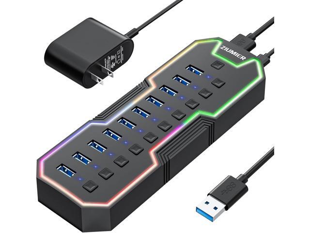 ZIUMIER Powered USB Hub, 10 Ports USB 3.0 Hub with RGB LED Strip and 12V/2A Power Adapter USB Extension,Individual LED On/Off Switches for Mac, PC,...