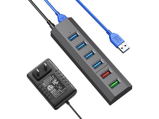 USB Hub, Aiibe 6 Ports Super High Speed USB 3.0 Hub Splitter + Power Adapter + USB 3.0 Cable, Powered USB Hub - Gray
