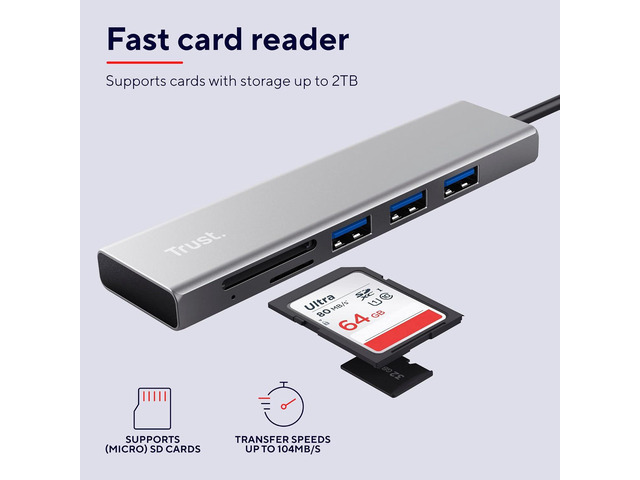 Trust 24191 Halyx Fast USB-C Hub and Card Reader, 3 Extra Ports, 5Gbps with USB 3.2 Gen 1, SD and Micro-SD Card Reader 104 MB/s, (Micro) SD, SDHC...