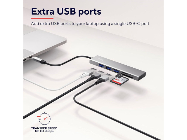 Trust 24191 Halyx Fast USB-C Hub and Card Reader, 3 Extra Ports, 5Gbps with USB 3.2 Gen 1, SD and Micro-SD Card Reader 104 MB/s, (Micro) SD, SDHC...