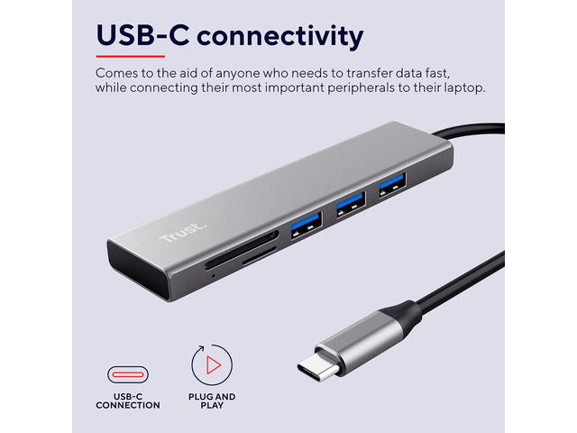 Trust 24191 Halyx Fast USB-C Hub and Card Reader, 3 Extra Ports, 5Gbps with USB 3.2 Gen 1, SD and Micro-SD Card Reader 104 MB/s, (Micro) SD, SDHC...