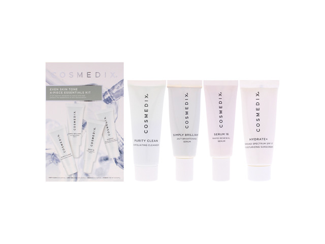 Even Skin Tone Essentials Kit by Cosmedix for Unisex - 4 Pc 0.5oz Purity Clean, 0.5oz Simply Brilliant, 0.5oz Serum 16, 0.5oz Hydrate Plus