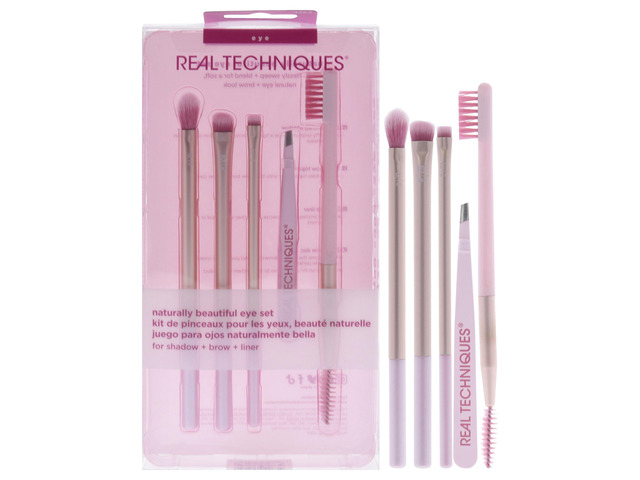 Naturally Beautiful Eye Set by Real Techniques for Women - 5 Pc Tapered Shadow Brush - 355, Brow Highlighter Brush - 354, Flat Liner Brush - 326,...
