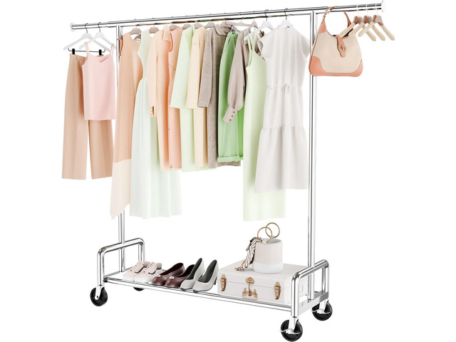 Simple Trending Heavy Duty Clothing Clothes Rack with Wheels for Hanging, Metal Rolling Garment Rack Organizer Load 500 LBS, Chrome