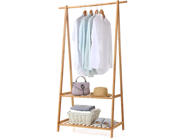 Finnhomy Bamboo Clothes Rack Portable Extra Large Garment Rack 2-Tire Storage Box Shelves For Entryway and Bed Room Patented Design