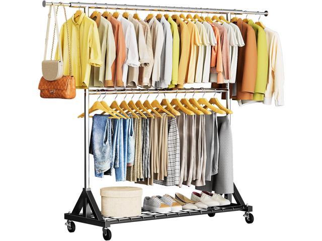 Luxspire Heavy Duty Clothes Rack Load 600 LBS, Double Rod Clothing Rack, Rolling Garment Racks with Lockable Wheels, Shelves, Adjustable Laundry.