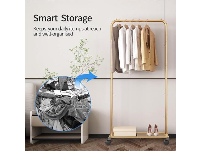 Simple Trending Standard Clothes Garment Rack, Clothing Rolling Rack with Mesh Storage Shelf on Wheels, Golden Yellow