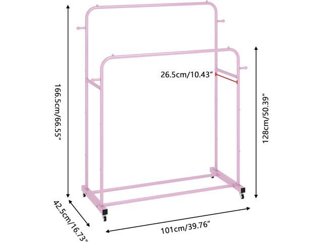 Laiensia Double Rods Garment Rack with Wheels, Clothing Rack for Hanging Clothes,4 Hooks, Multi-Functional Bedroom Clothes Rack, Pink