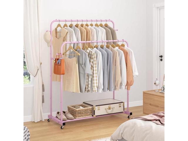 Laiensia Double Rods Garment Rack with Wheels, Clothing Rack for Hanging Clothes,4 Hooks, Multi-Functional Bedroom Clothes Rack, Pink