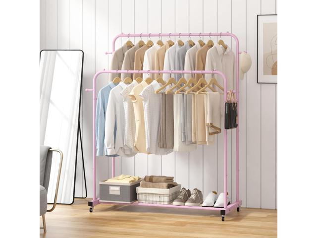 Laiensia Double Rods Garment Rack with Wheels, Clothing Rack for Hanging Clothes,4 Hooks, Multi-Functional Bedroom Clothes Rack, Pink