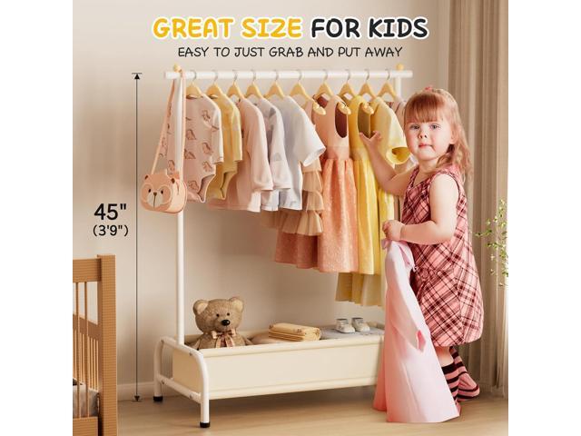 MISSLO Kids Clothing Rack with Basket Small Dress Up Storage Short Toddler Dress Up Rack Kids Closet for Baby Clothes, White