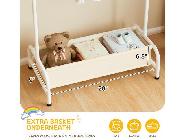 MISSLO Kids Clothing Rack with Basket Small Dress Up Storage Short Toddler Dress Up Rack Kids Closet for Baby Clothes, White