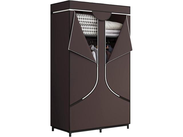 SORCEDAS Portable Wardrobe Closet Storage Organizer Metal Hanging Rack Non-Woven Fabric 34 Inch Coffee (34 Inch, Coffee)