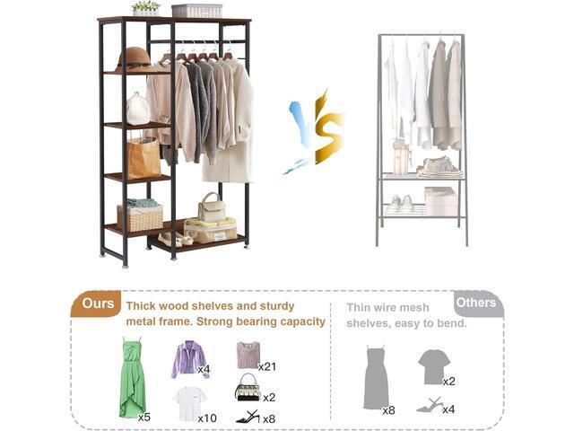 VECELO Open Garment Clothing Rack, Free-Standing Heavy Duty Storage Closet with 5 Shelves and Hanging Rod for Small Spaces, Max Load 350LBS, Brown