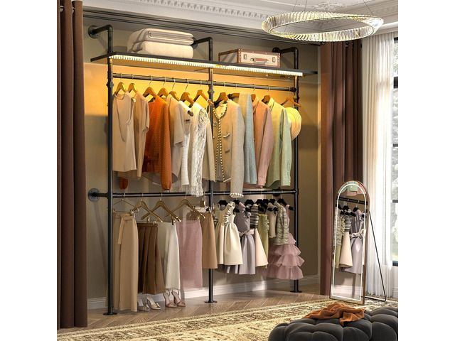 Aheaplus Industrial Pipe Clothing Rack, Reversible 79.7'' Clothes Rack for Hanging Clothes, Heavy Duty Garment Racks Closet Wardrobe with LED...