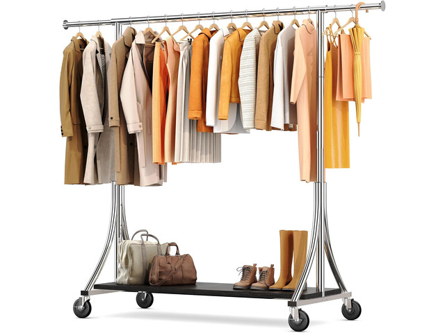 HOKEEPER Clothes Rack with Wood Shelves Height Adjustable Clothing Rack with Lockable Wheels 500LBS Portable Wooden Garment Closet for Bedroom,...