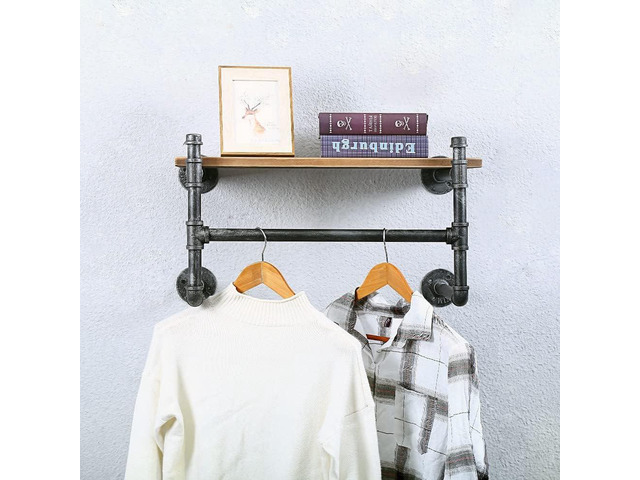 Industrial Pipe Clothing Rack Wall Mounted with Real Wood Shelf,Pipe Shelving Floating Shelves Wall Shelf,24in Retail Clothes Racks Display Rack