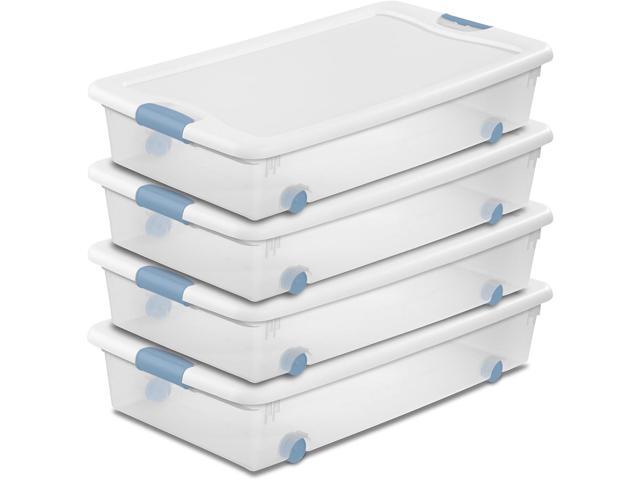 Sterilite 56 Qt Wheeled Latching Storage Box, Stackable Bin with Latch Lid, Plastic Container to Organize Shoes Underbed, Clear with White Lid, 4-Pack