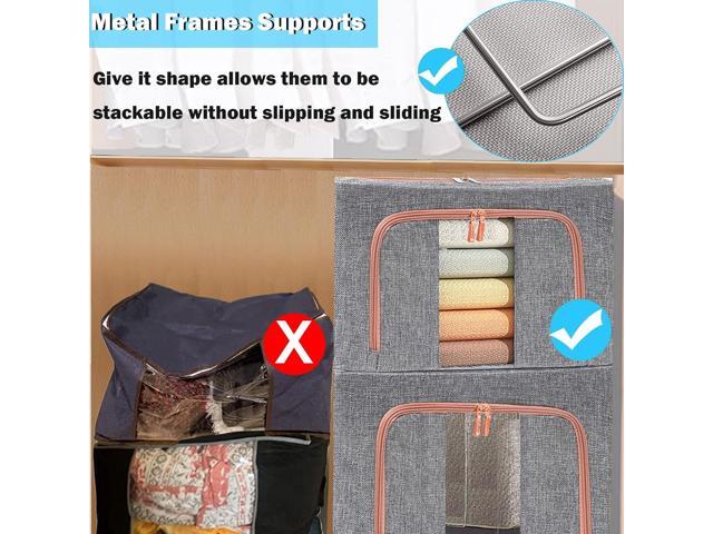 Clothes Storage Organizer - Stackable Storage Bags with Foldable Metal Frame, Zipper, Handles, Clear Window, Storage Container Box for Blanket...