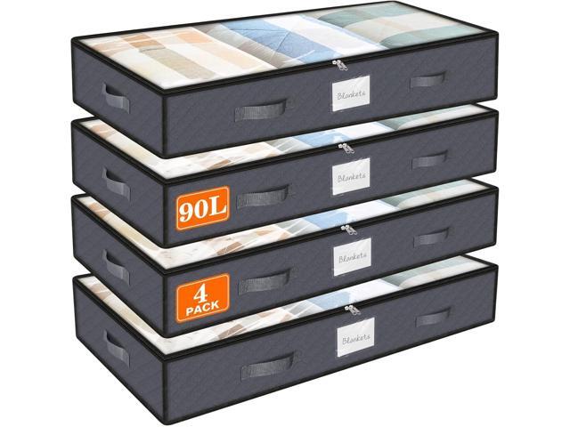 SpaceWhisper 90L Under Bed Storage Containers, 4-Pack Storage Bins with Clear Top, Foldable Closet Organizers and Storage with Label Holder for.