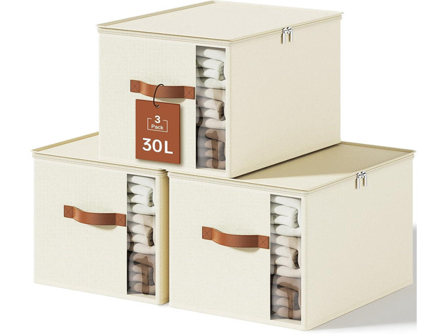 Clothes Storage Bins with Sturdy Frames, Foldable Fabric Clothing Organizer Box for Moving, Sweater Storage Cube with Lids and Zipper, Linen Closet...
