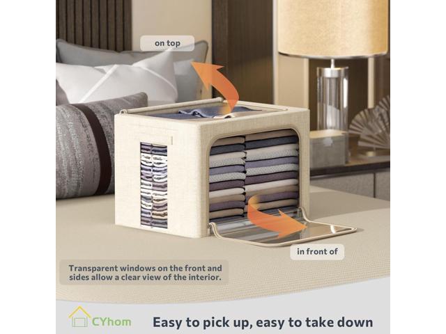 Clothes Storage Bins Box - Linen Fabric Foldable Stackable Container Organizer Set with Clear Window & Carry Handles & Metal Frame - 2Pack Large...