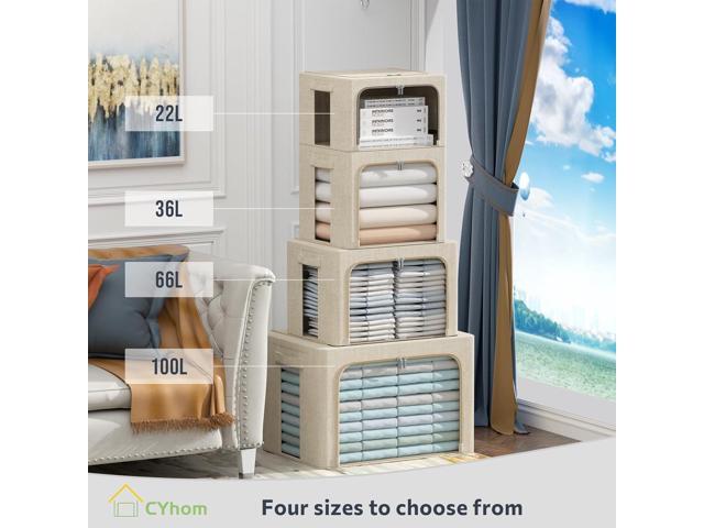 Clothes Storage Bins Box - Linen Fabric Foldable Stackable Container Organizer Set with Clear Window & Carry Handles & Metal Frame - 2Pack Large...
