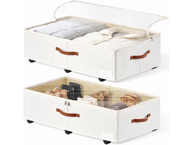 60L Large Under Bed Storage with Wheels Pack of 2, Underbed Shoe Container Bin with Clear Lid Cover, 10.5 Inches Rolling Under Bed Drawer Storage.