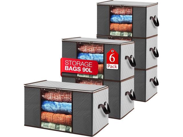 Masirs Storage Bags For Clothes - 6-Pack Collapsible Organizers for Blankets, Bedding & Clothes - Large 90L Zip Bags with Handles - Clear Durable.