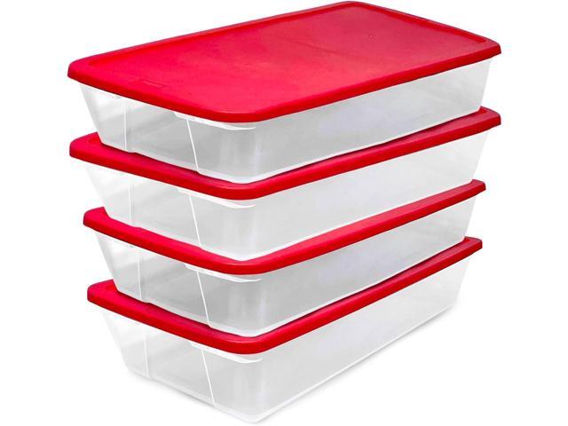 HOMZ 4-Pack Holiday Tote, Clear Plastic Storage Organizer Bins with Lids, 41 Quart, Red - Stackable Organizing Containers for Home, Garage, and Office