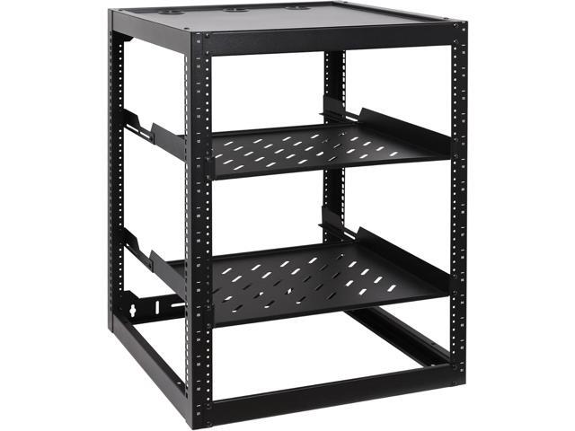 RackPath 16U Open Frame Network Rack with 2X 14in Vented 1U Shelves Rear Support, Wall Mount/Floor Standing Network Cabinet, Heavy Duty 150 lbs.