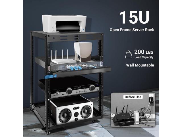 15U Open Frame Server Rack, Wall-mountable IT Rack w/Swivel Casters, 2 Rack Shelves, Top & Bottom Panels, Network Rack for...