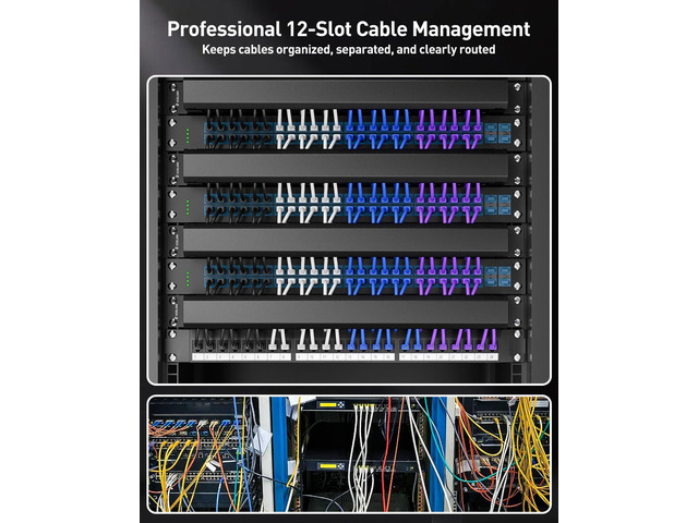 VCELINK 1U Server Rack Cable Management 12-Slot, 19' Carbon Steel Horizontal Network Cable Management for Network Cabinet, All Metal Black 2-Pack