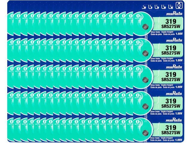 Murata 319 Battery SR527SW 1.55V Silver Oxide Watch Button Cell (100 Batteries)