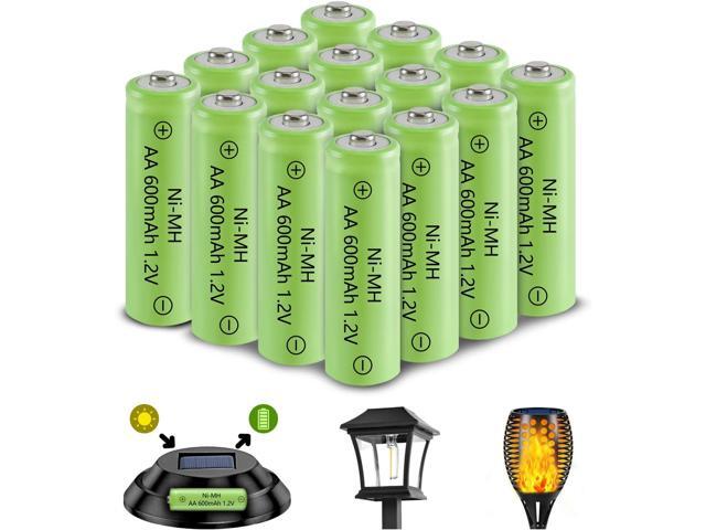 16-Pack AA Solar Rechargeable Batteries - 600mAh 1.2V Ni-MH Replacement Battery for Outdoor Garden Lights, Landscape Lanterns and Pathway Lighting