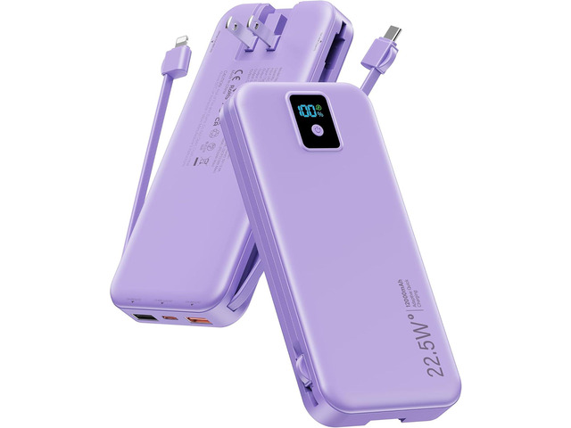 Portable Charger, 12000mAh 22.5W Fast Charging Power Bank with Built-in Cables & Wall Plug, Travel Essentials Battery Pack with LED Display, USB C...